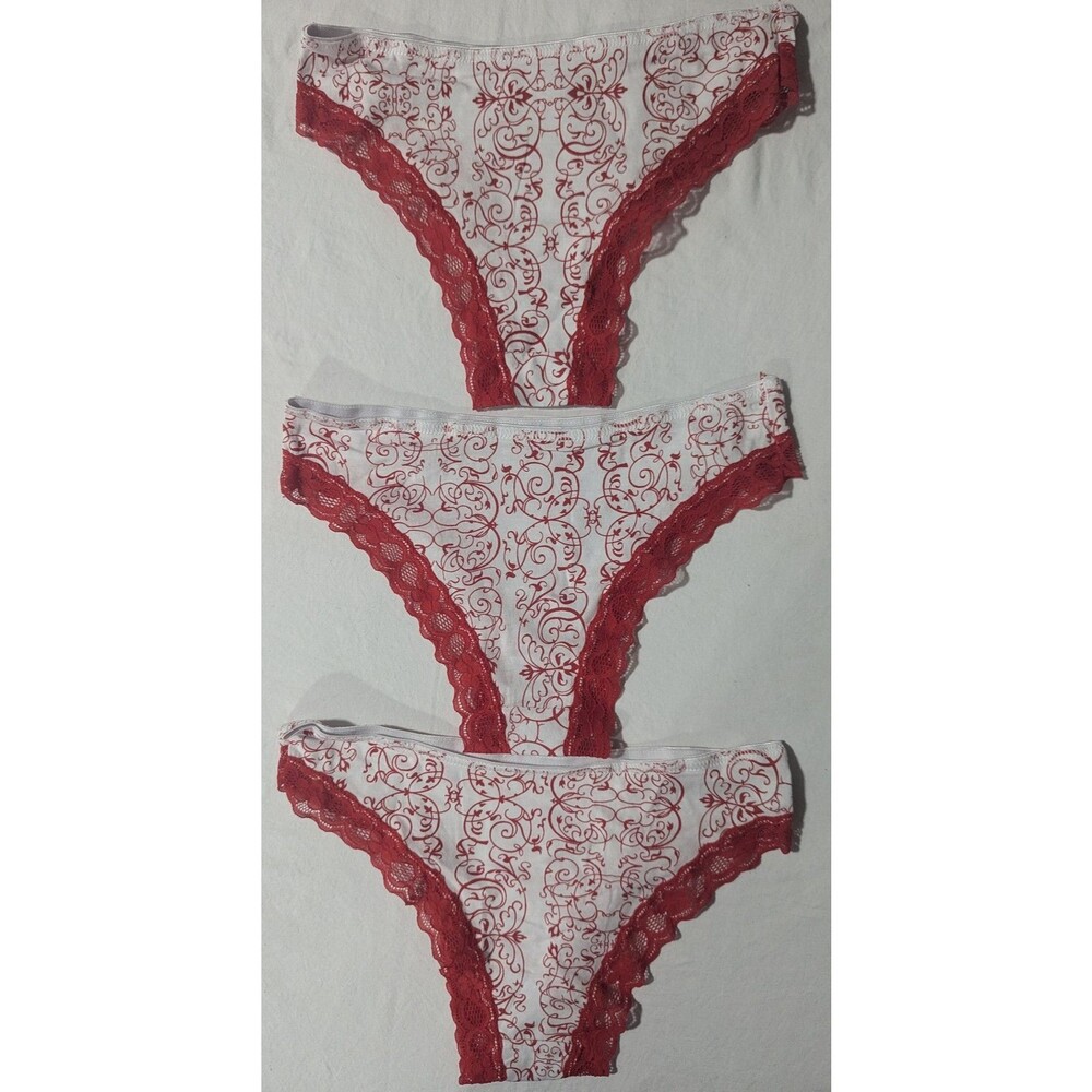 Rouxuan Women's Sz XXL Lace Trim Bikini Panties Set of 3 White Red NWT